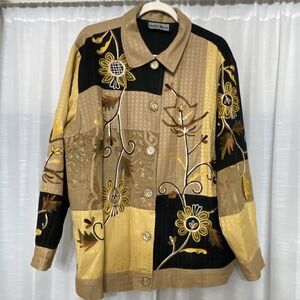 Indigo Moon Women 1X Jacket Floral Embroidered Lagenlook Button Up Boho Artsy